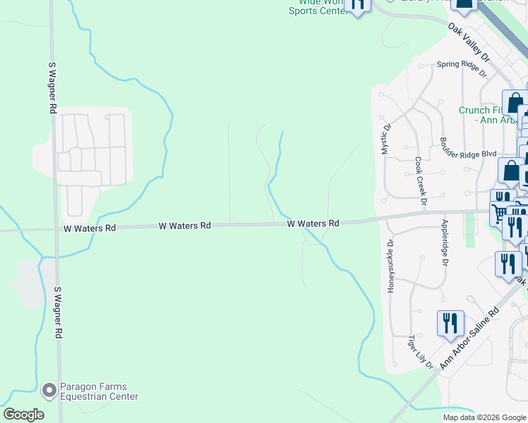 map of restaurants, bars, coffee shops, grocery stores, and more near 2852 West Waters Road in Ann Arbor