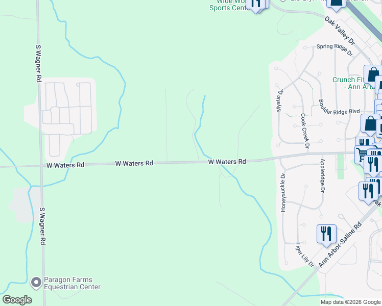 map of restaurants, bars, coffee shops, grocery stores, and more near 2852 West Waters Road in Ann Arbor