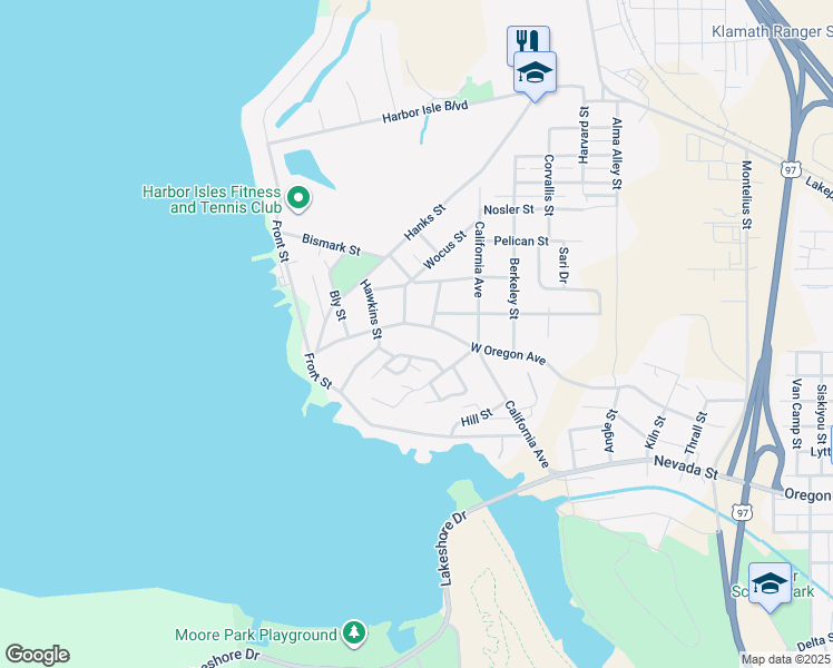 map of restaurants, bars, coffee shops, grocery stores, and more near 816 West Oregon Avenue in Klamath Falls
