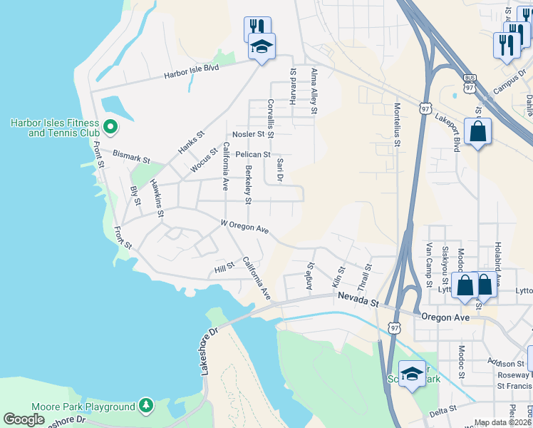 map of restaurants, bars, coffee shops, grocery stores, and more near 2420 Corvallis Street in Klamath Falls