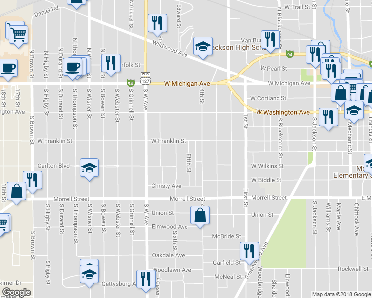map of restaurants, bars, coffee shops, grocery stores, and more near 510 Fifth Street in Jackson