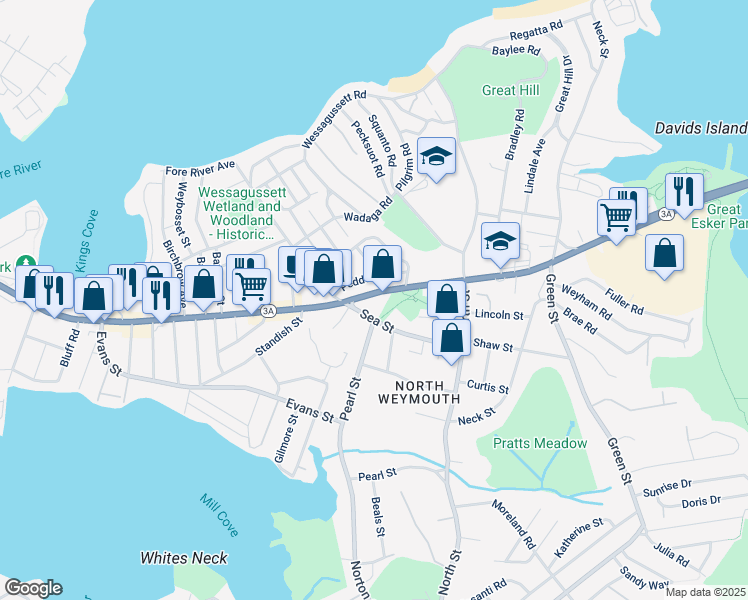 map of restaurants, bars, coffee shops, grocery stores, and more near in Weymouth