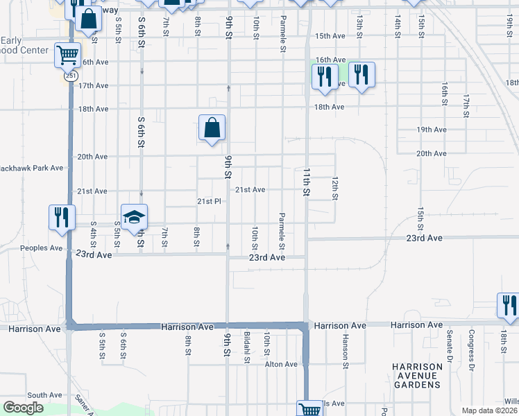map of restaurants, bars, coffee shops, grocery stores, and more near 1418 22nd Avenue in Rockford