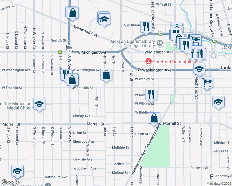 map of restaurants, bars, coffee shops, grocery stores, and more near 509 3rd Street in Jackson