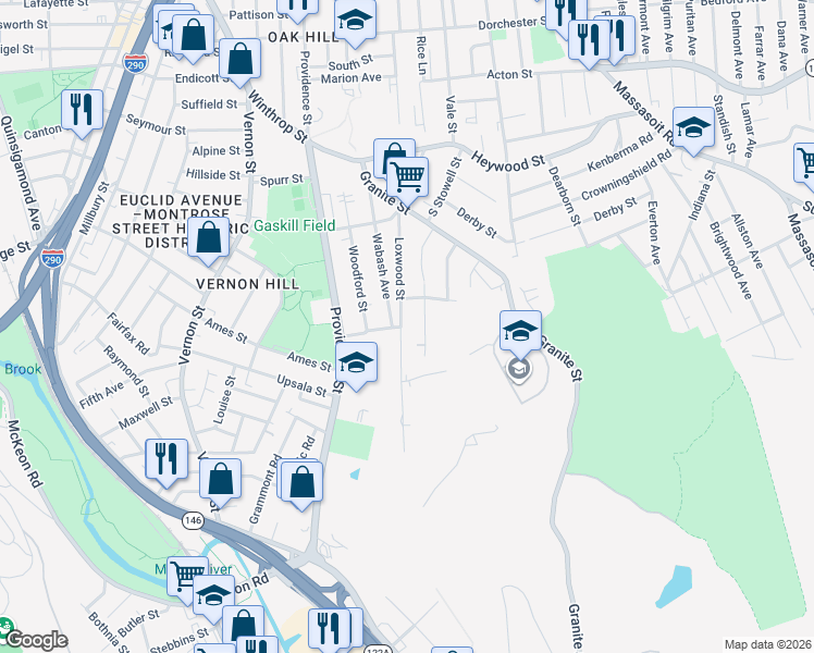 map of restaurants, bars, coffee shops, grocery stores, and more near 79 Loxwood Street in Worcester