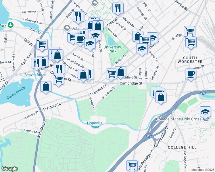 map of restaurants, bars, coffee shops, grocery stores, and more near 178 Fremont Street in Worcester