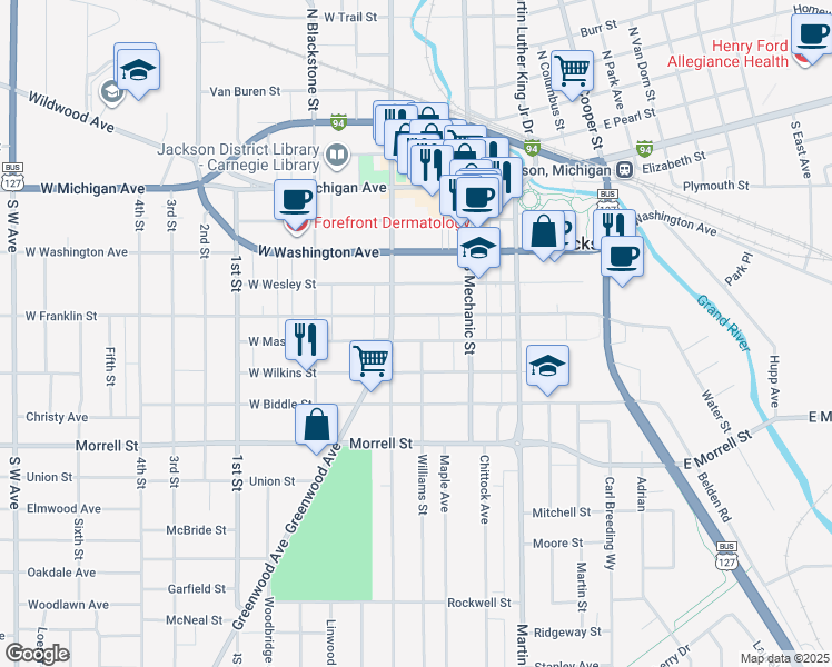 map of restaurants, bars, coffee shops, grocery stores, and more near 128 West Mason Street in Jackson
