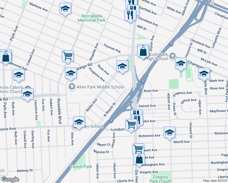 map of restaurants, bars, coffee shops, grocery stores, and more near 2205 Progress Avenue in Lincoln Park