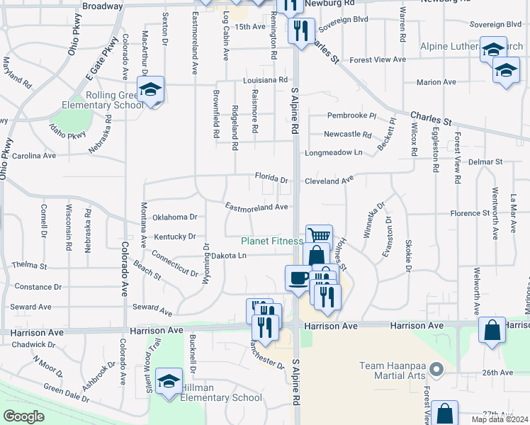 map of restaurants, bars, coffee shops, grocery stores, and more near 2315 Eastmoreland Avenue in Rockford