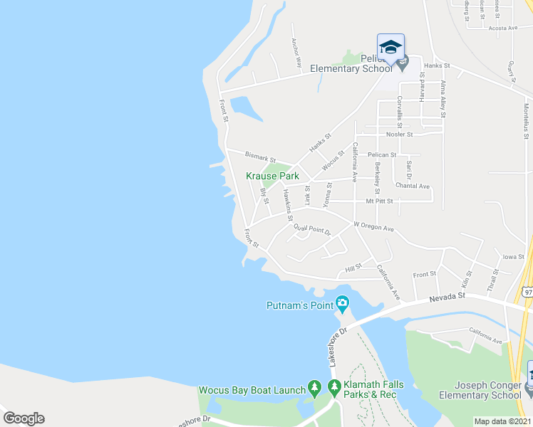 map of restaurants, bars, coffee shops, grocery stores, and more near 1110 West Oregon Avenue in Klamath Falls
