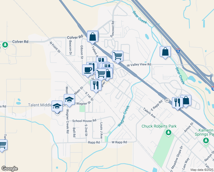 map of restaurants, bars, coffee shops, grocery stores, and more near 110 East Wagner Street in Talent
