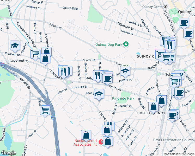 map of restaurants, bars, coffee shops, grocery stores, and more near 10 Arthur Street in Quincy