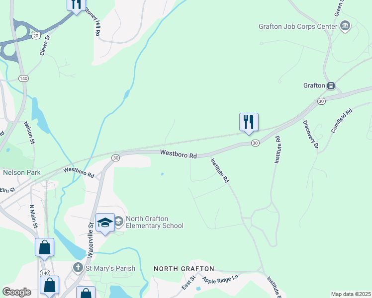 map of restaurants, bars, coffee shops, grocery stores, and more near 111 Westboro Road in Grafton