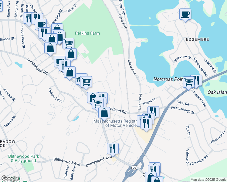 map of restaurants, bars, coffee shops, grocery stores, and more near 13 Pocasset Street in Worcester