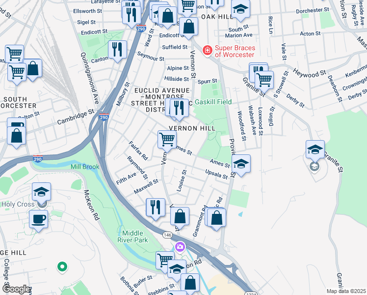 map of restaurants, bars, coffee shops, grocery stores, and more near 10 Ames Street in Worcester
