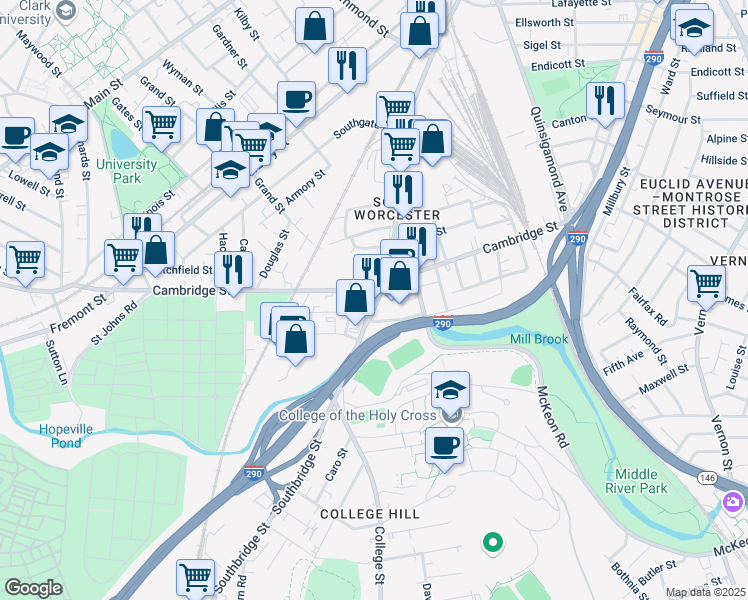map of restaurants, bars, coffee shops, grocery stores, and more near 702 Southbridge Street in Worcester