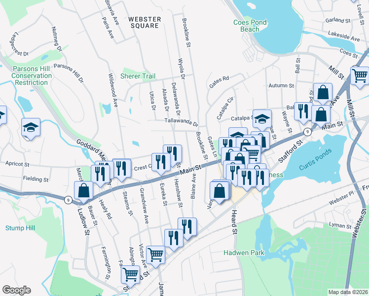 map of restaurants, bars, coffee shops, grocery stores, and more near 12 Henderson Avenue in Worcester
