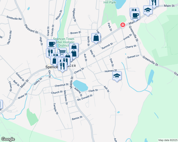 map of restaurants, bars, coffee shops, grocery stores, and more near 40 Ash Street in Spencer