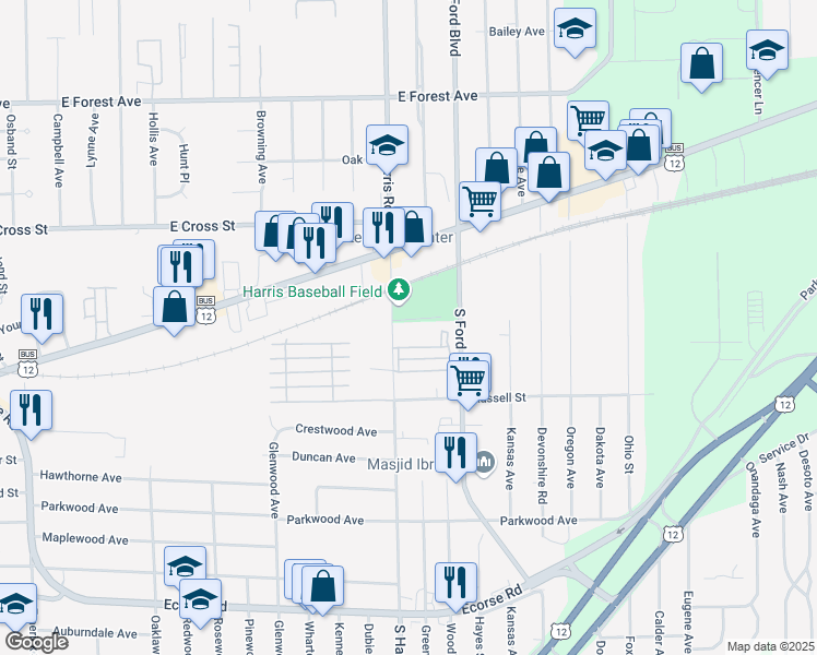 map of restaurants, bars, coffee shops, grocery stores, and more near 4 South Harris Road in Ypsilanti