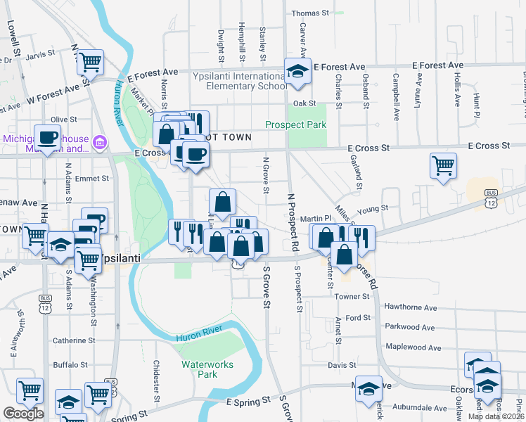 map of restaurants, bars, coffee shops, grocery stores, and more near 206 North Grove Street in Ypsilanti
