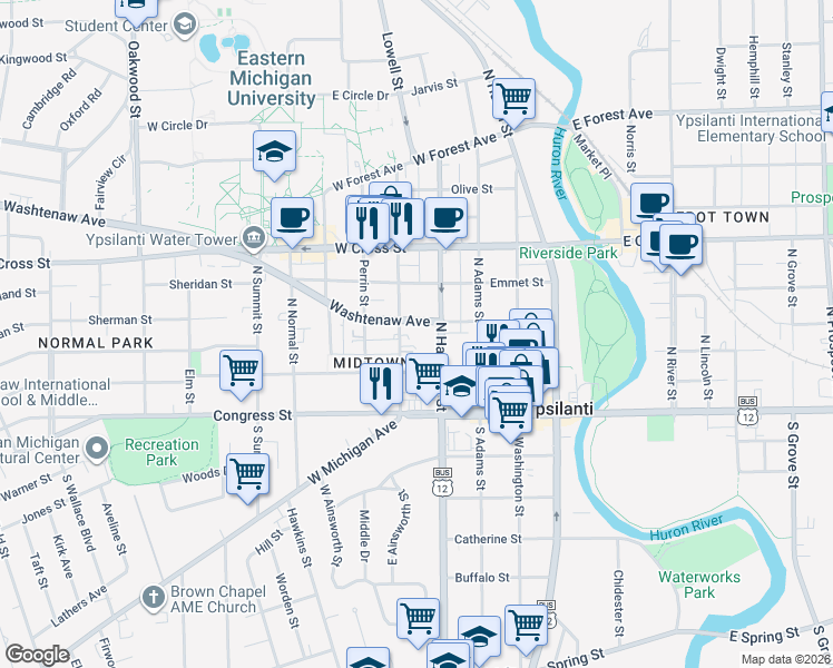 map of restaurants, bars, coffee shops, grocery stores, and more near 118 Ballard Street in Ypsilanti