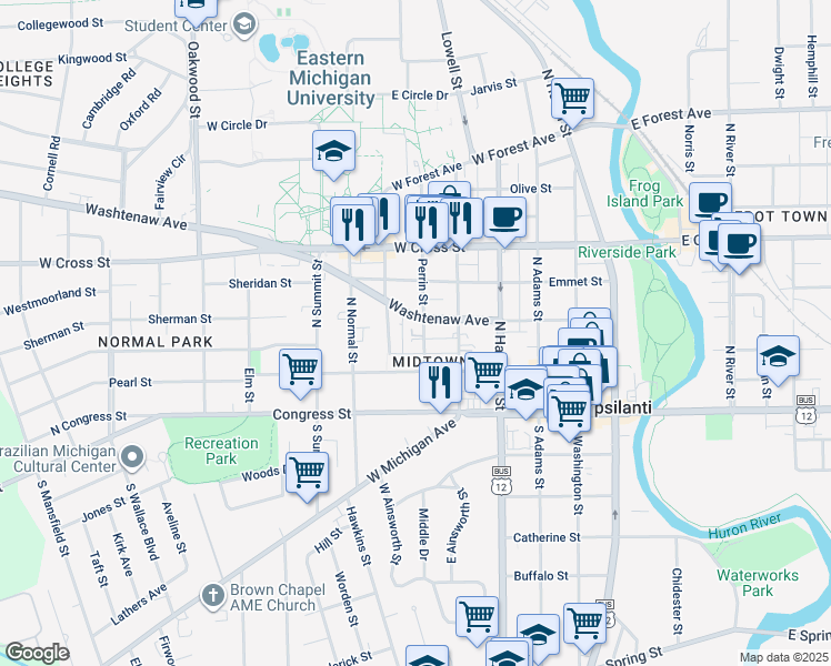 map of restaurants, bars, coffee shops, grocery stores, and more near 115 Perrin Street in Ypsilanti