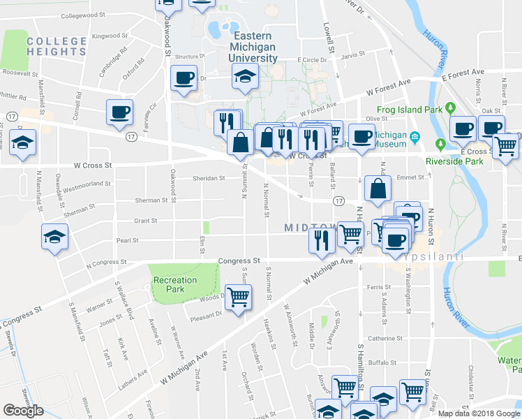 map of restaurants, bars, coffee shops, grocery stores, and more near 115 North Normal Street in Ypsilanti