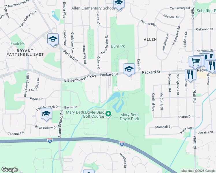 map of restaurants, bars, coffee shops, grocery stores, and more near 2706 Packard Street in Ann Arbor