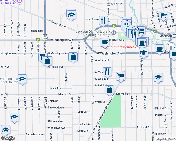 map of restaurants, bars, coffee shops, grocery stores, and more near 601 2nd Street in Jackson
