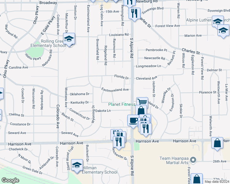 map of restaurants, bars, coffee shops, grocery stores, and more near 2315 Eastmoreland Avenue in Rockford