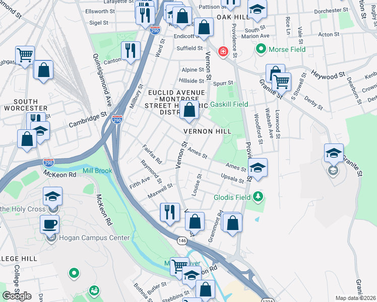 map of restaurants, bars, coffee shops, grocery stores, and more near 2 Ames Street in Worcester