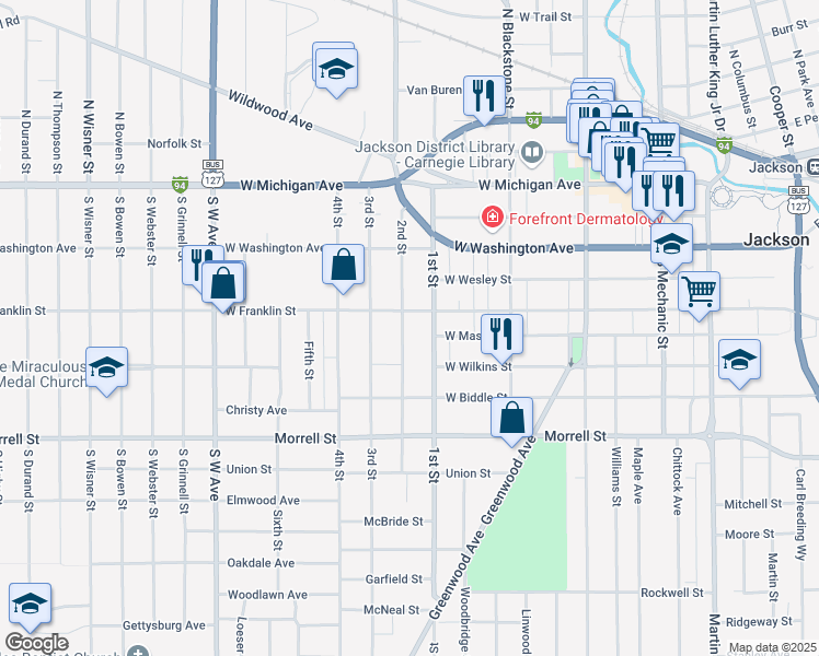 map of restaurants, bars, coffee shops, grocery stores, and more near 511 2nd Street in Jackson