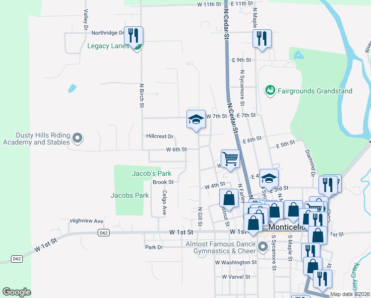 map of restaurants, bars, coffee shops, grocery stores, and more near 598 N Pine St in Monticello