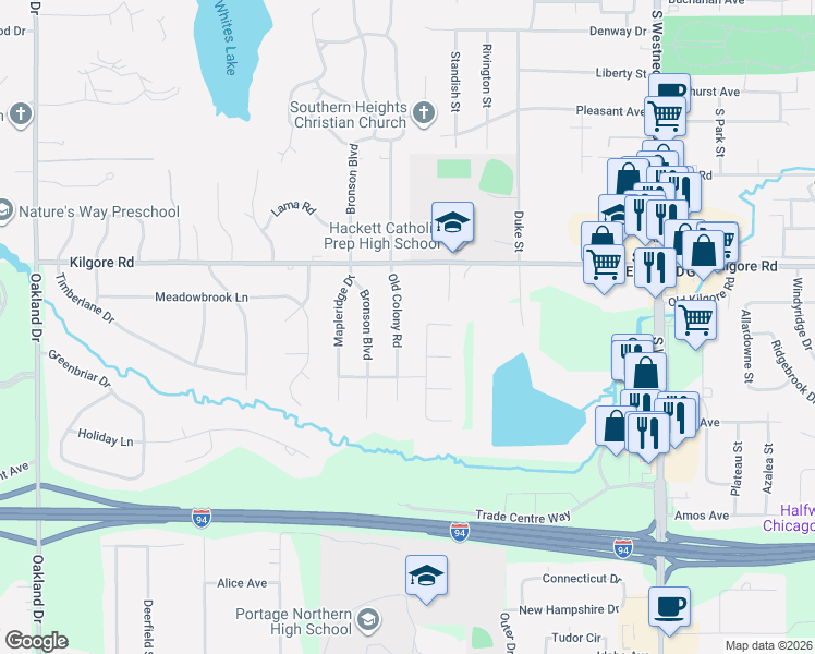 map of restaurants, bars, coffee shops, grocery stores, and more near 5122 Grosse Pointe Street in Portage