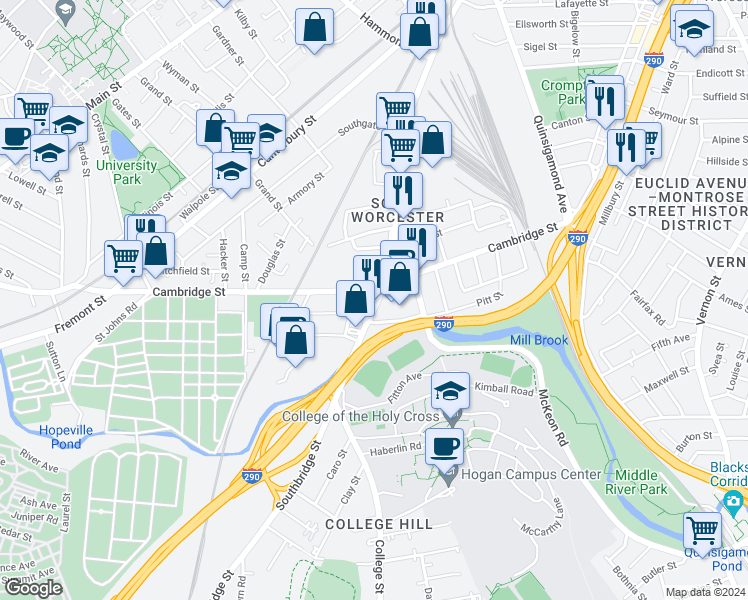 map of restaurants, bars, coffee shops, grocery stores, and more near 693 Southbridge Street in Worcester