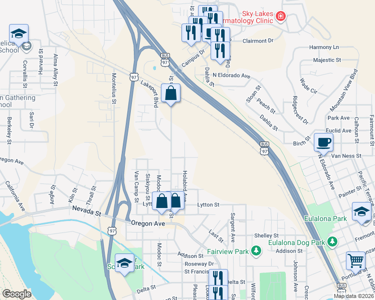 map of restaurants, bars, coffee shops, grocery stores, and more near 2407 Holabird Avenue in Klamath Falls