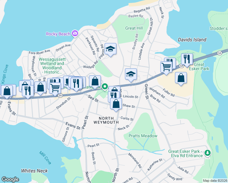 map of restaurants, bars, coffee shops, grocery stores, and more near 195 North Street in Weymouth