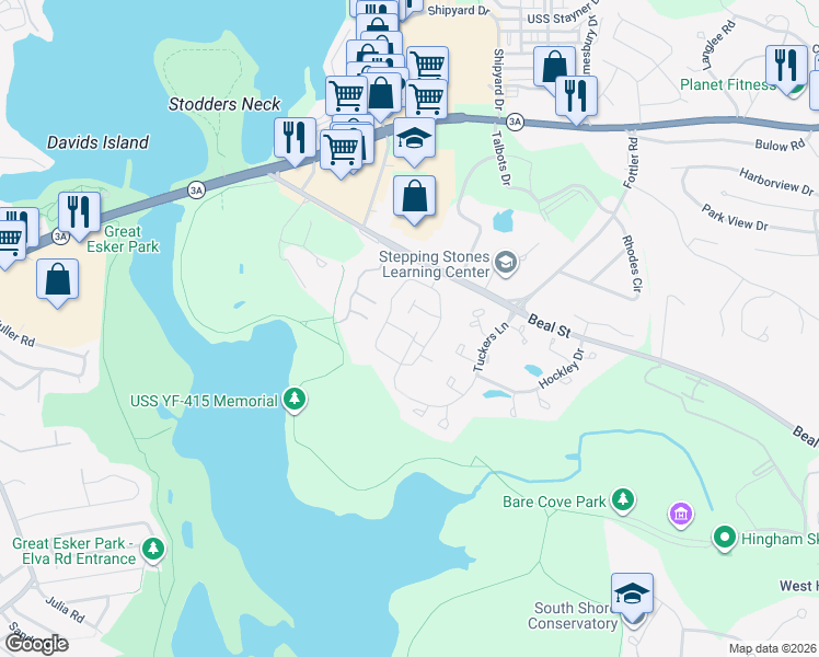 map of restaurants, bars, coffee shops, grocery stores, and more near 4 Beal's Cove Road in Hingham