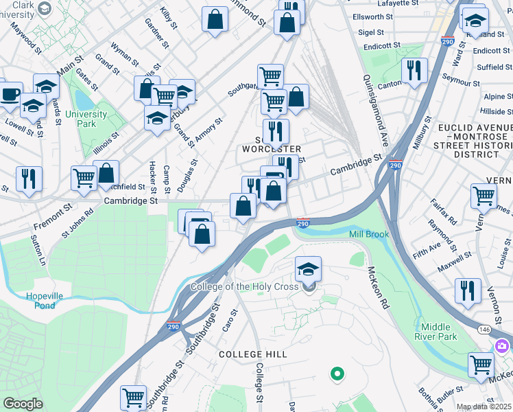 map of restaurants, bars, coffee shops, grocery stores, and more near 693 Southbridge Street in Worcester