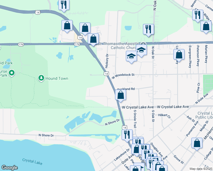 map of restaurants, bars, coffee shops, grocery stores, and more near 100 North Virginia Street in Crystal Lake