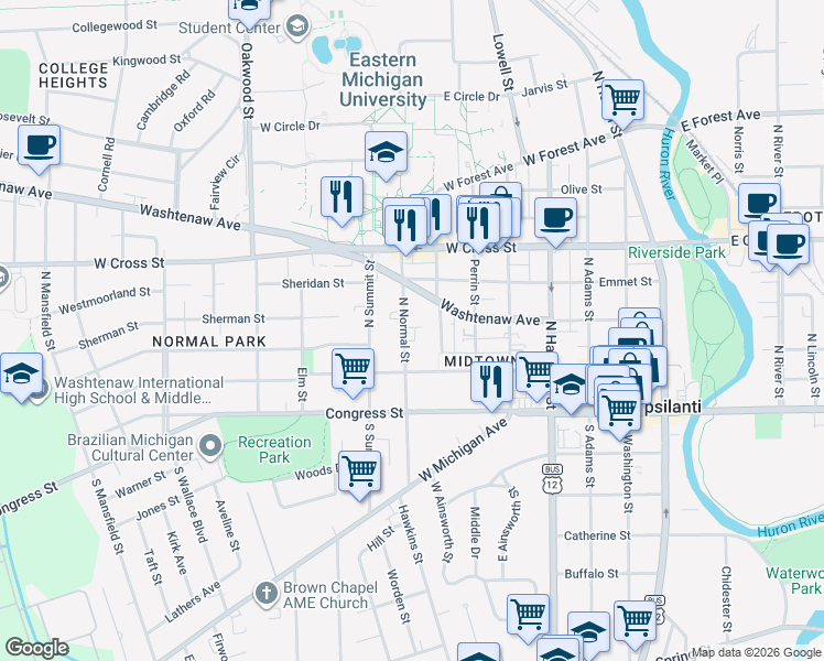 map of restaurants, bars, coffee shops, grocery stores, and more near 128 North Normal Street in Ypsilanti