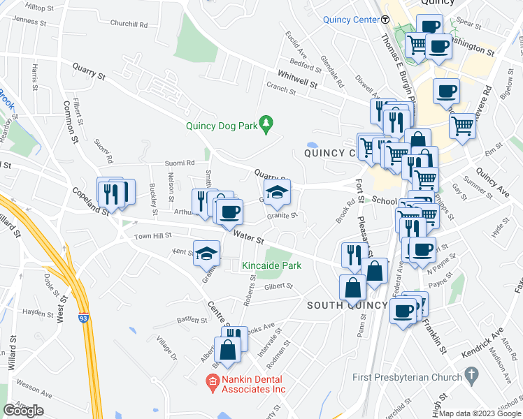 map of restaurants, bars, coffee shops, grocery stores, and more near 49 Kidder Street in Quincy