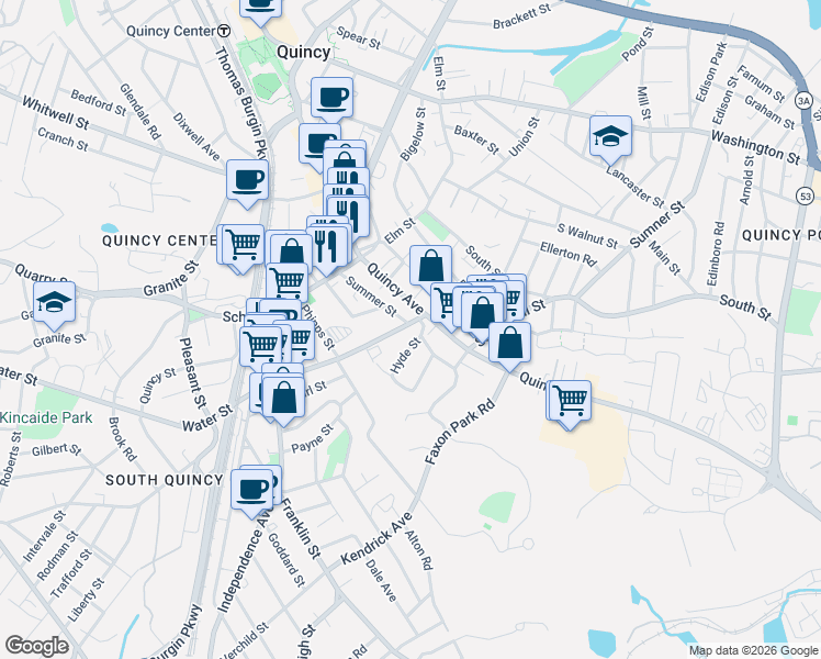 map of restaurants, bars, coffee shops, grocery stores, and more near 11 Hyde Street in Quincy