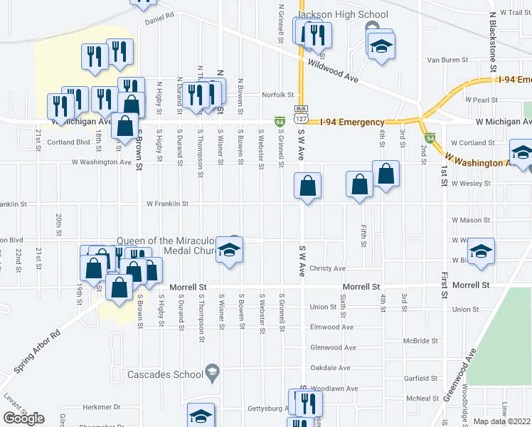 map of restaurants, bars, coffee shops, grocery stores, and more near 507 South Webster Street in Jackson