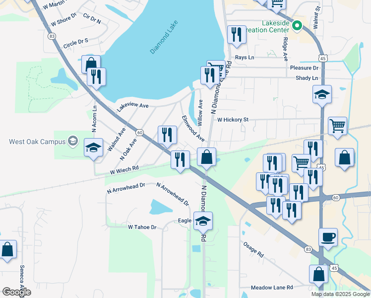 map of restaurants, bars, coffee shops, grocery stores, and more near 26265 Illinois 83 in Mundelein