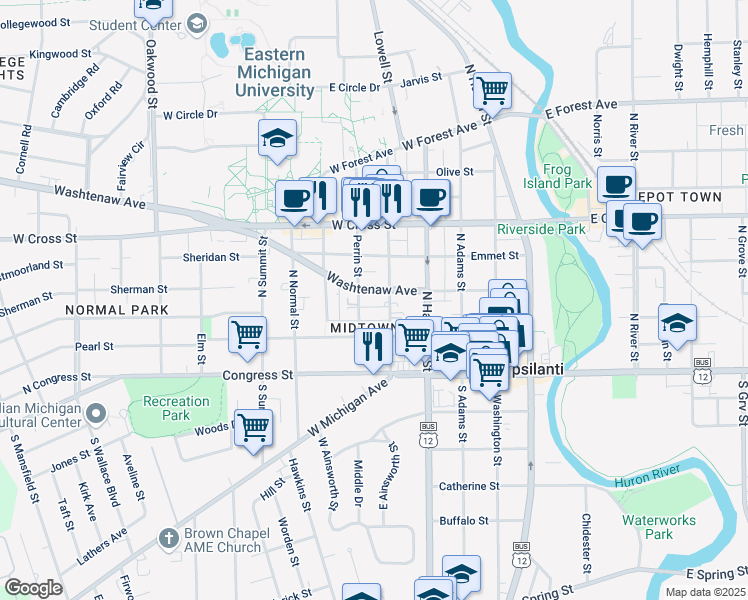 map of restaurants, bars, coffee shops, grocery stores, and more near 509 Washtenaw Avenue in Ypsilanti