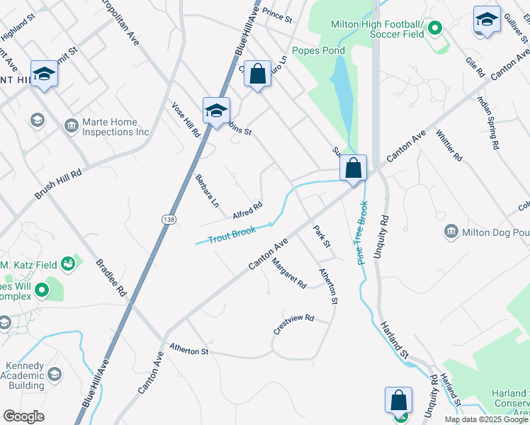 map of restaurants, bars, coffee shops, grocery stores, and more near 66 Alfred Road in Milton