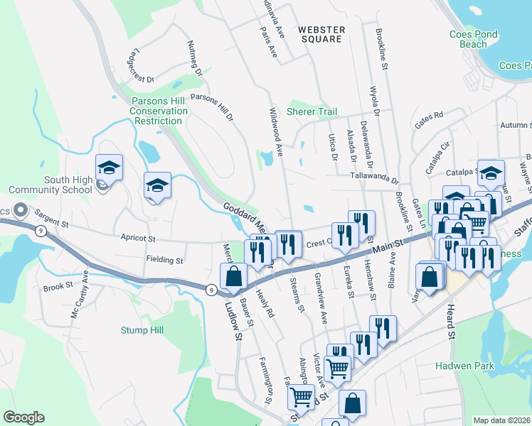 map of restaurants, bars, coffee shops, grocery stores, and more near 50 Goddard Memorial Drive in Worcester