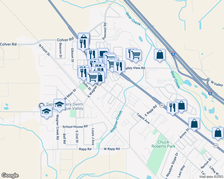 map of restaurants, bars, coffee shops, grocery stores, and more near 320 Gangnes Drive in Talent