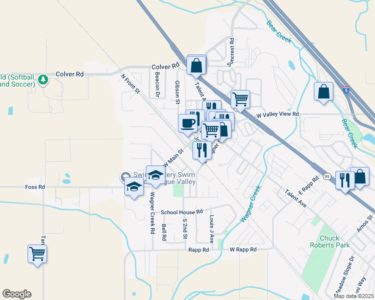 map of restaurants, bars, coffee shops, grocery stores, and more near 105 South 1st Street in Talent